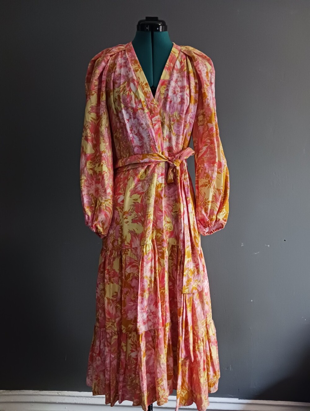 NWT Kobi Halperin Jemma Floral Wrap Midi Dress in Pink & Yellow, Size M